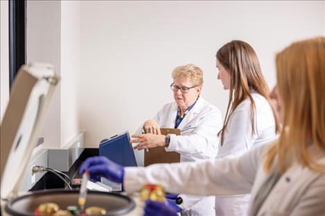 Montana State University professor Mary Miles, left, and doctoral students Meghan Spears and Morgan Chamberlin analyze berries in the Nutrition Research Laboratory on Aug. 14 in Bozeman. The researchers are studying the potential health impacts of haskap berries. 