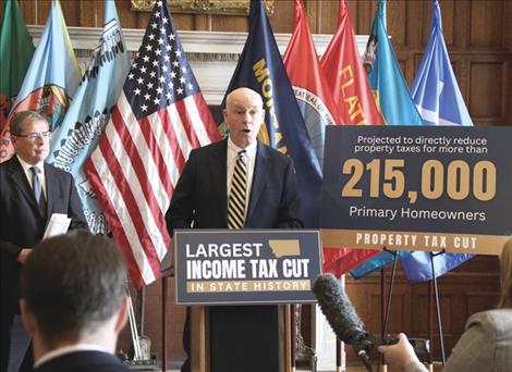 Gov. Gianforte and Grover Norquist speaking during a press conference at the State Capitol.