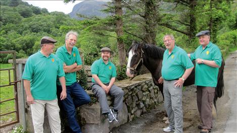 The Montana ShamRockers, including Rob Sloan, left; Neal Lewing; Mike Lozar; the horse, the good-looking one of the bunch; John Glueckert and Rick Skates; stop at the Gap of Dunloe in Ireland before heading into town.