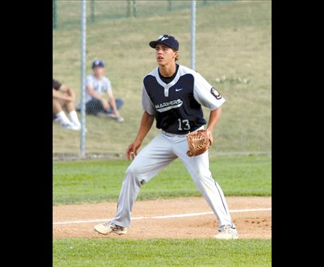 Bransen Krebs prepares for a play at third.