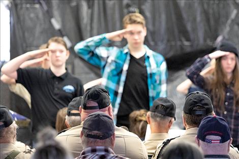 Glacier View School students salute veterans.